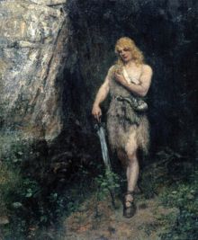 Siegfried in front of Fafners cave with the ring and the sword Notung from Ferdinand Leeke