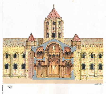 Santiago de Compostela Romanesque Cathedral.Cross section. Spain