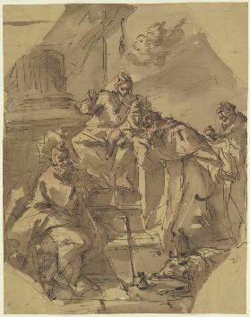 Thronende Madonna mit Kind mit drei Heiligen, unter ihnen Antonius Abbas