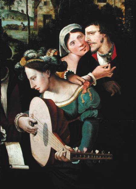 Scene Galante at the Gates of Paris, detail of a couple and a lute player from Flemish School