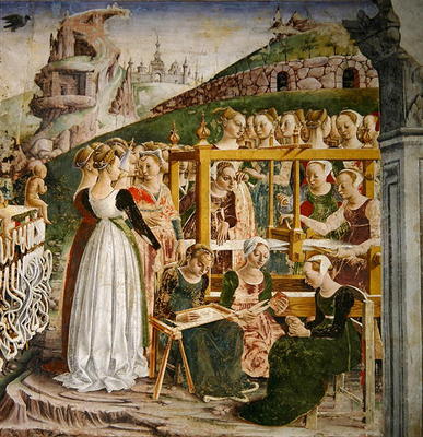 The Triumph of Minerva: March, from the Room of the Months, detail of the weavers, c.1467-70 (fresco from Francesco del Cossa