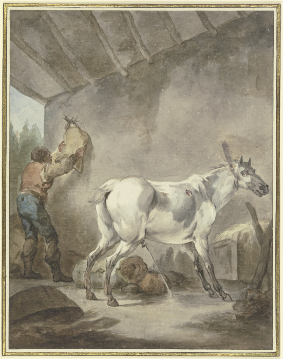 Ein stallender Schimmel mit einem Bauern, der einen Sattel aufhängt from Francesco Giuseppe Casanova