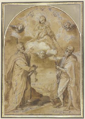 Die Madonna mit dem Jesuskind erscheint in einer engelgesäumten Gloriole den Heiligen Petrus und Hie