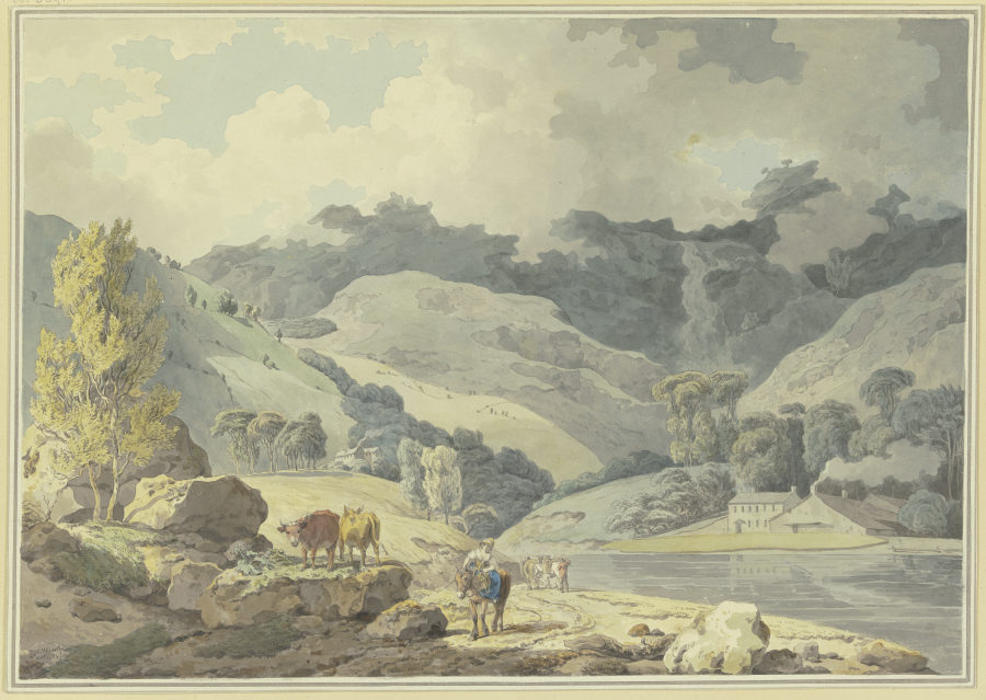 Gebirgslandschaft, auf dem Weg ein Mädchen zu Pferde, links zwei Kühe from Francis Wheatley