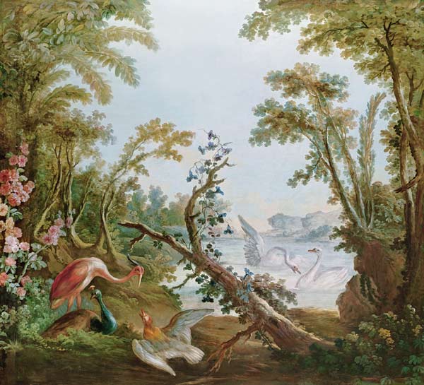 Lake with swans, a flamingo and various birds, from the salon of Gilles Demarteau from François Boucher