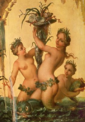 Detail of sirens holding a cornucopia from the State Carriage of Peter the Great