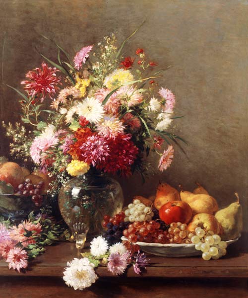 Chrysanthemen in einer Glasvase und ein Teller mit Obst from Francois Furet