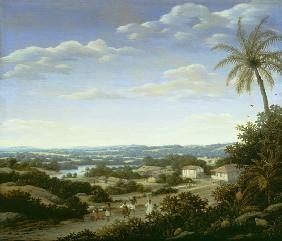 Brazilian landscape with natives on a road approaching a village