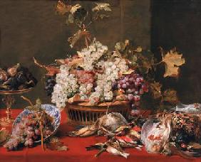 Still life of grapes in a basket