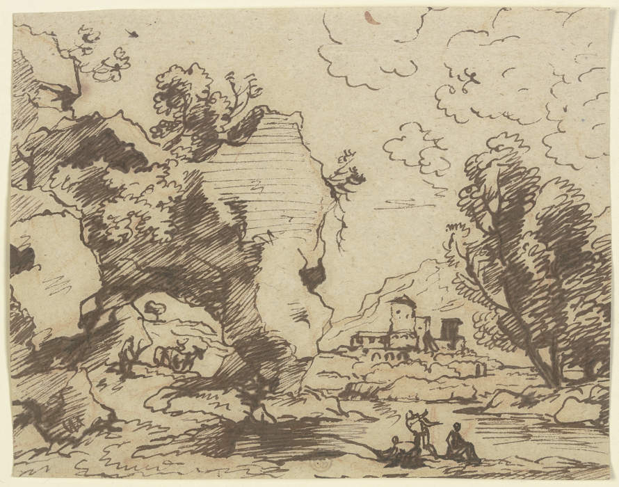 Felsentor in einer Landschaft mit weidendem Vieh und Ausblick auf eine Burg from Franz Innocenz Josef Kobell