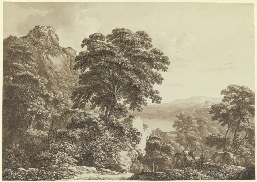 Felsige südliche Landschaft mit See und diskutierenden Einsiedlern from Franz Innocenz Josef Kobell