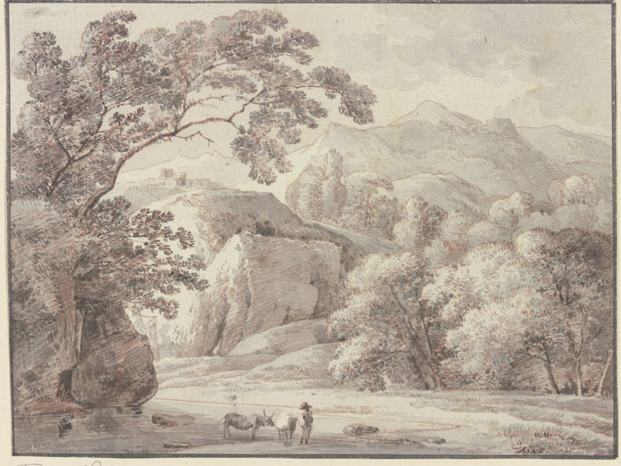 Gebirgslandschaft, im Vordergrund ein Mann mit zwei Kühen from Franz Innocenz Josef Kobell