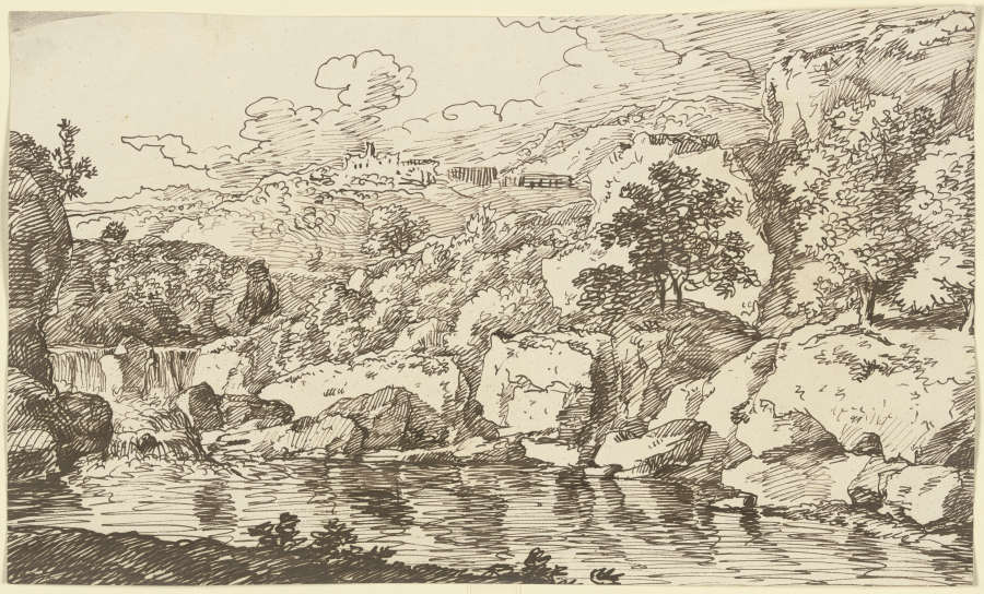 Gewässer, in der Ferne auf einem Berg eine festungsartige Anlage from Franz Innocenz Josef Kobell