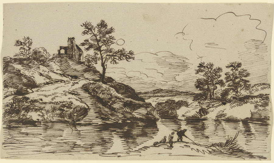 Gewässer mit Anglern und einem am gegenüberliegenden Ufer erhöht gelegenen Gebäude from Franz Innocenz Josef Kobell