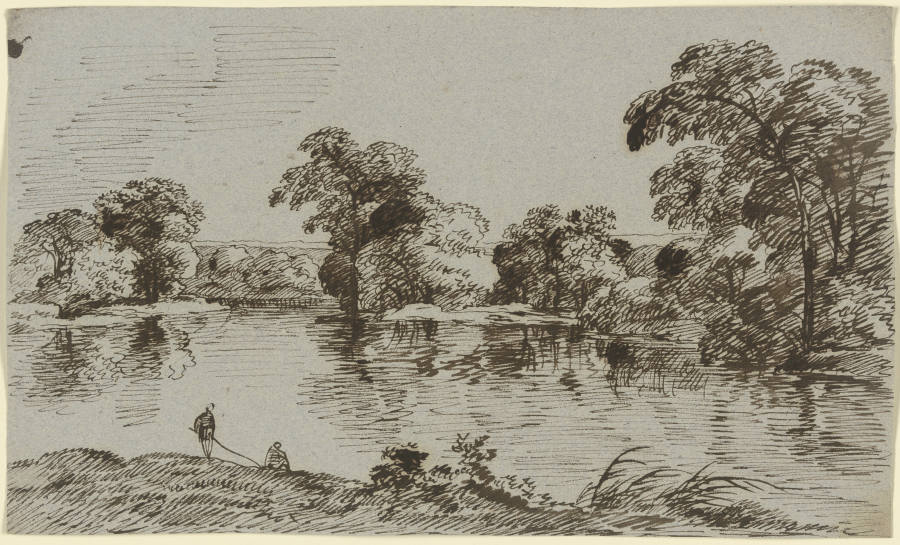 Gewässer mit baumbestandenem Ufer, im Vordergrund zwei Angler from Franz Innocenz Josef Kobell