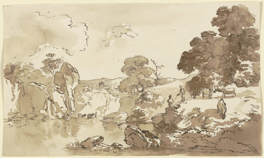 Gewässer mit hoher Uferböschung, rechts weidendes Vieh from Franz Innocenz Josef Kobell