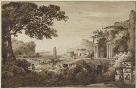 Landschaft mit antiken Bauten und einem Obelisken