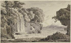 Landschaft mit Felsen und Wasserfall