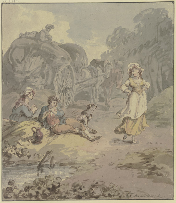 Schnitter und Schnitterin bei einem Erntewagen rastend, vor ihnen ein junges Mädchen, das zum Flöten from Franz Joseph Manskirsch