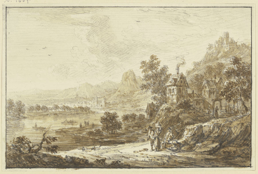 Flussgegend, rechts ansteigendes Gebirge, im Vordergrund bei einem Dorf drei Figuren from Franz Schütz