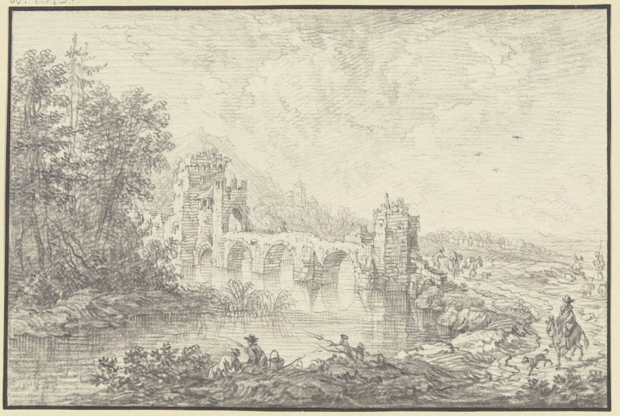 Von Türmen flankierte Brücke, im Vordergrund am Fluß ein Angler und ein Reiter from Franz Schütz
