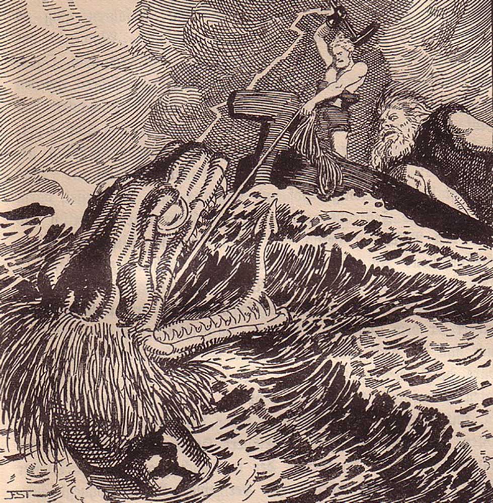 Thor and Hymir Fishing the Midgard Serpent. Illustration for "The Edda: Germanic Gods and Heroes" by from Franz Stassen