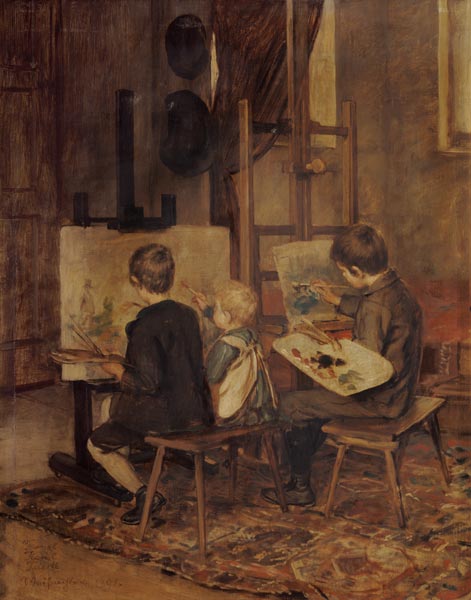 Franzl, Hansl and Friedl when painting at the easel. from Franz von Defregger