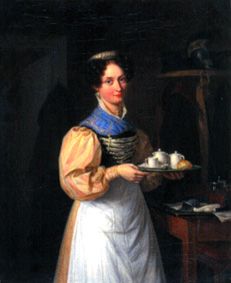 A young Munich waitress in dress and bolt bonnet serves the breakfast from Franz Xaver Nachtmann (Umkreis)