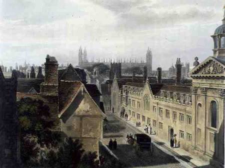 Exterior of Pembroke College, from a window of Peterhouse, Cambridge, from 'The History of Cambridge from Frederick Mackenzie