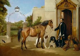 A Gentleman with his Hunter and Dogs outside his house