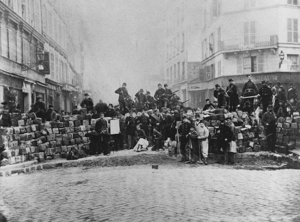 Barricade at the entrance of the Faubourg du Temple, Paris, during the Commune, 18 March 1871 (b/w p from French School