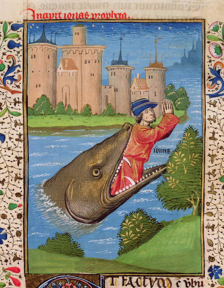Ms H 7 f.111r Jonah and the Whale, from the Bible of Jean XXII from French School
