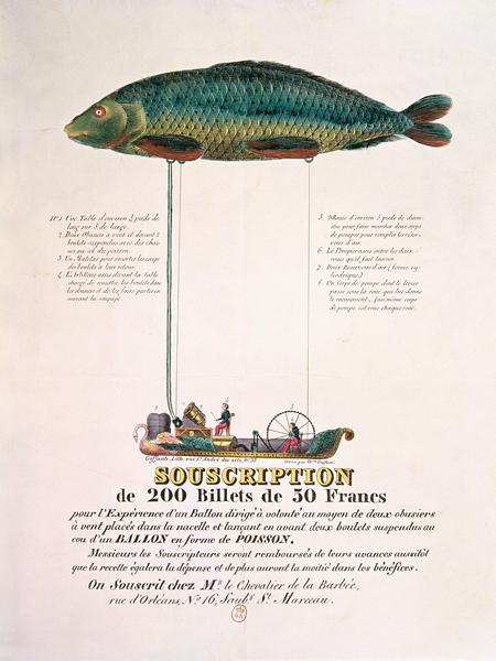 Poster advertising the subscription for a dirigible balloon in the shape of a fish from French School