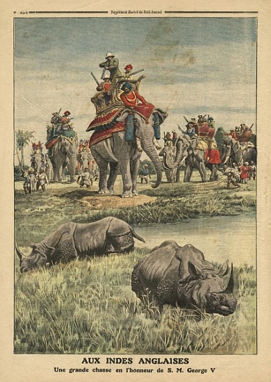 A rhinoceros hunt in honour of King George V (1865-1936), illustration from ''Le Petit Journal'', su from French School