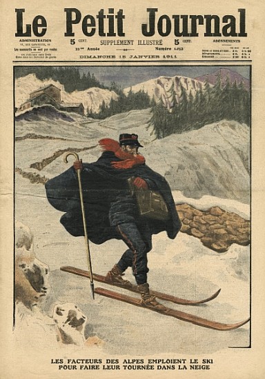 Alpine postmen using ski during their rounds in the snow, illustration from ''Le Petit Journal'', su from French School