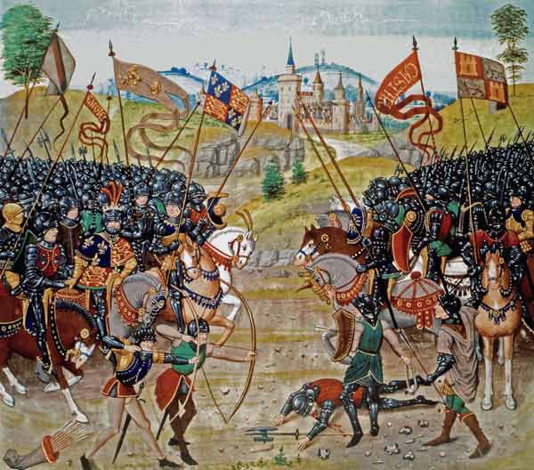 Fr 2643 f.312v Battle of Najera, 1367, from Froissart''s Chronicle from French School