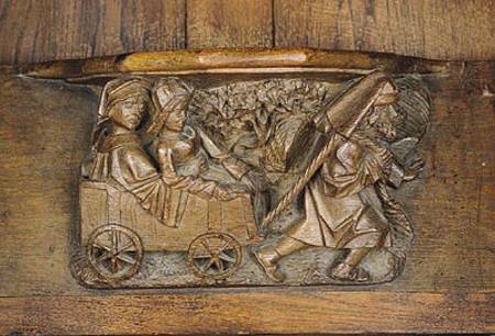 Carving depicting a couple in a cart pulled by a man, from a choir stall from French School