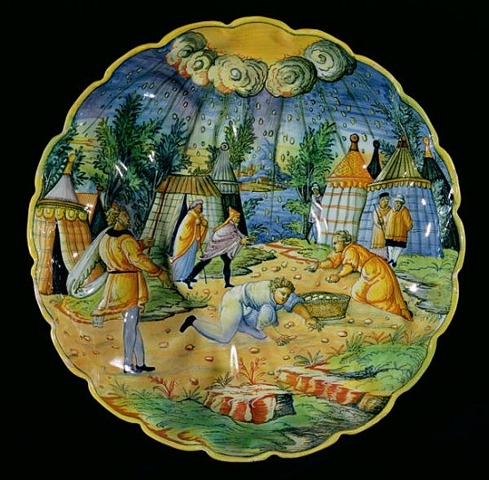 Dish depicting the gathering of manna, made in Nevers or Lyons (faience) from French School