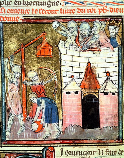 Fol.261v Siege of the Chateau de Chinon, from the Grandes Chroniques de France, 1375-79 from French School