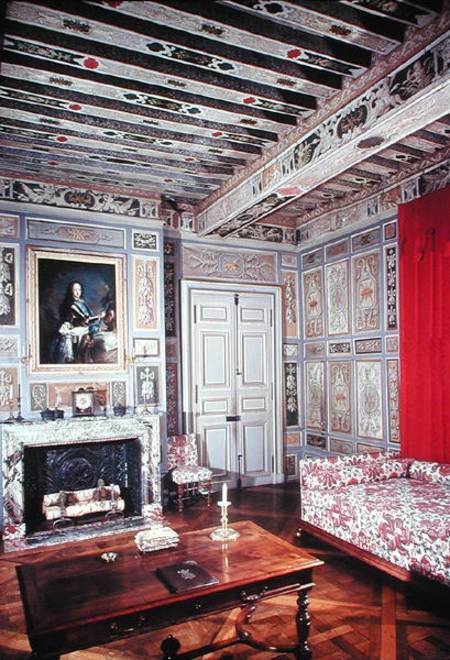 Interior of a bedroom painted with the arms of the Viole family from French School