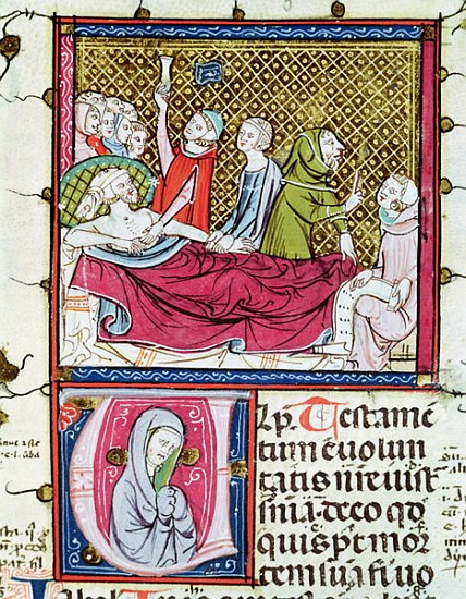 Ms 3076 fol.56r Dying Man Surrounded Doctors and Family, Dictating his Will, from ''Justiniani in Fo from French School
