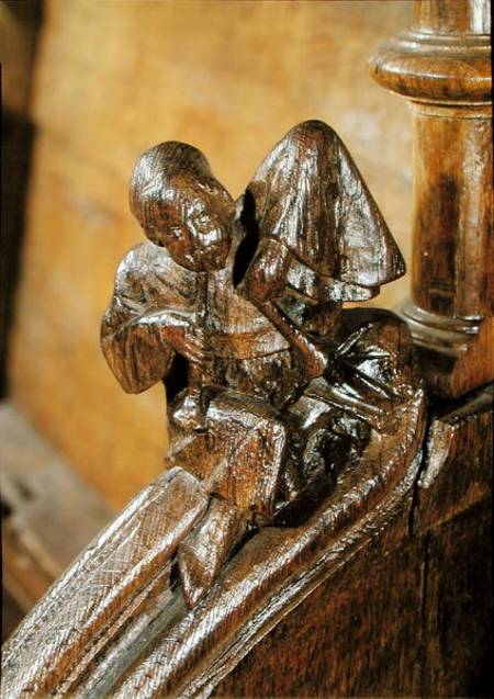 Musician playing a double flute, detail from a choir stall from French School