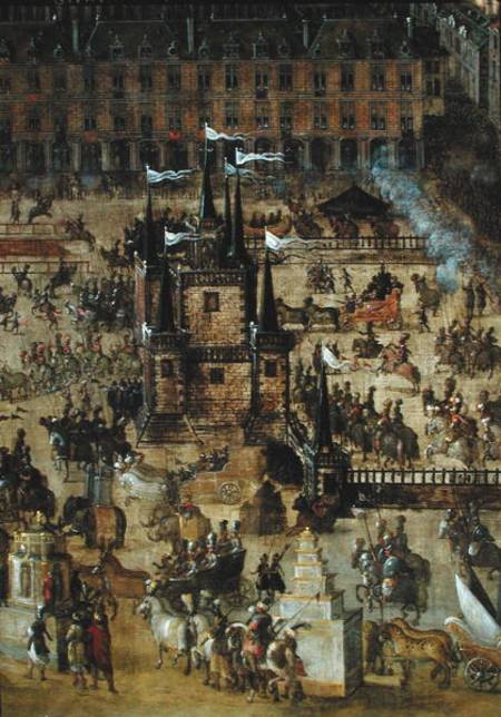 The Place Royale and the Carrousel in 1612, detail of the Palais de la Felicite and the chariots from French School