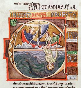 Ms 1 Fol.196v Historiated initial ''E'' depicting Jonah Thrown into the Sea, from the Souvigny Bible