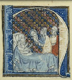 Historiated initial ''H'' depicting the Birth of the Virgin, c.1320-30