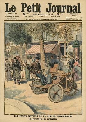 Modernisation of the street jobs, the knife grinder in his car, illustration from ''Le Petit Journal