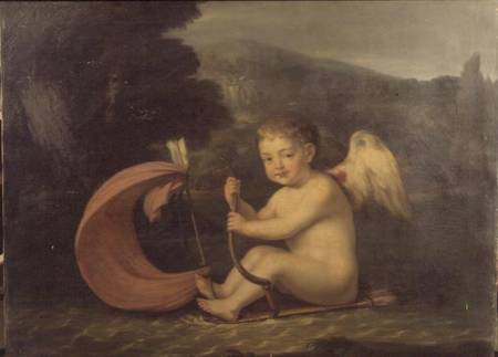 Winged Cupid, sailing a boat with quiver hull and arrow mast from French School