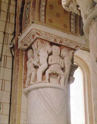 Monstrous figures, column capital (stone) from French School, (11th century)