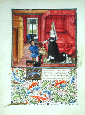 Ms 2617 The scribe dedicating La Teseida to an unknown young woman, from La Teseida, by Giovanni Boc from French School, (14th century)