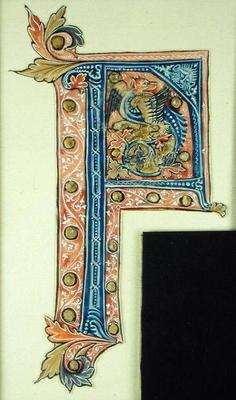 Historiated initial 'P' depicting a winged griffin (vellum)